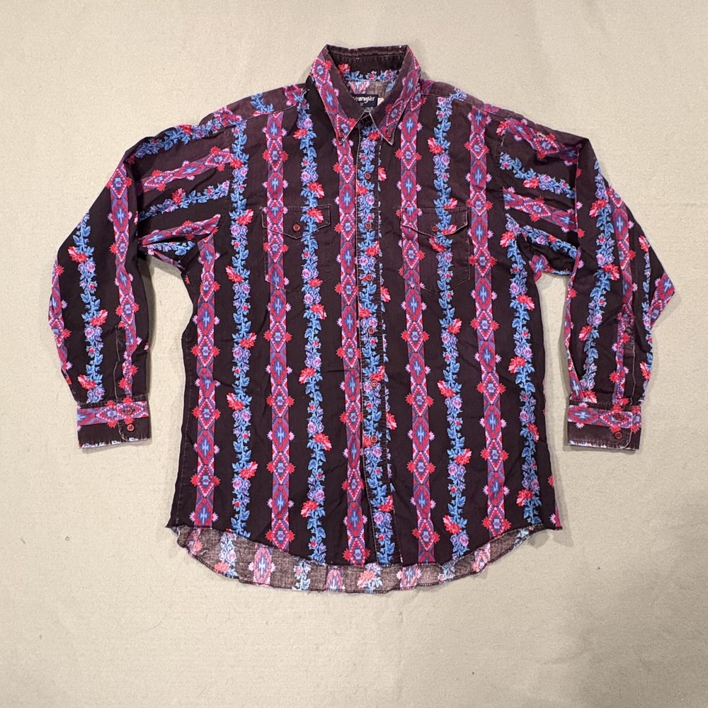 Wrangler Shirt Mens XL Black Long Sleeve Button Striped‎ Cowboy Cut Aztec